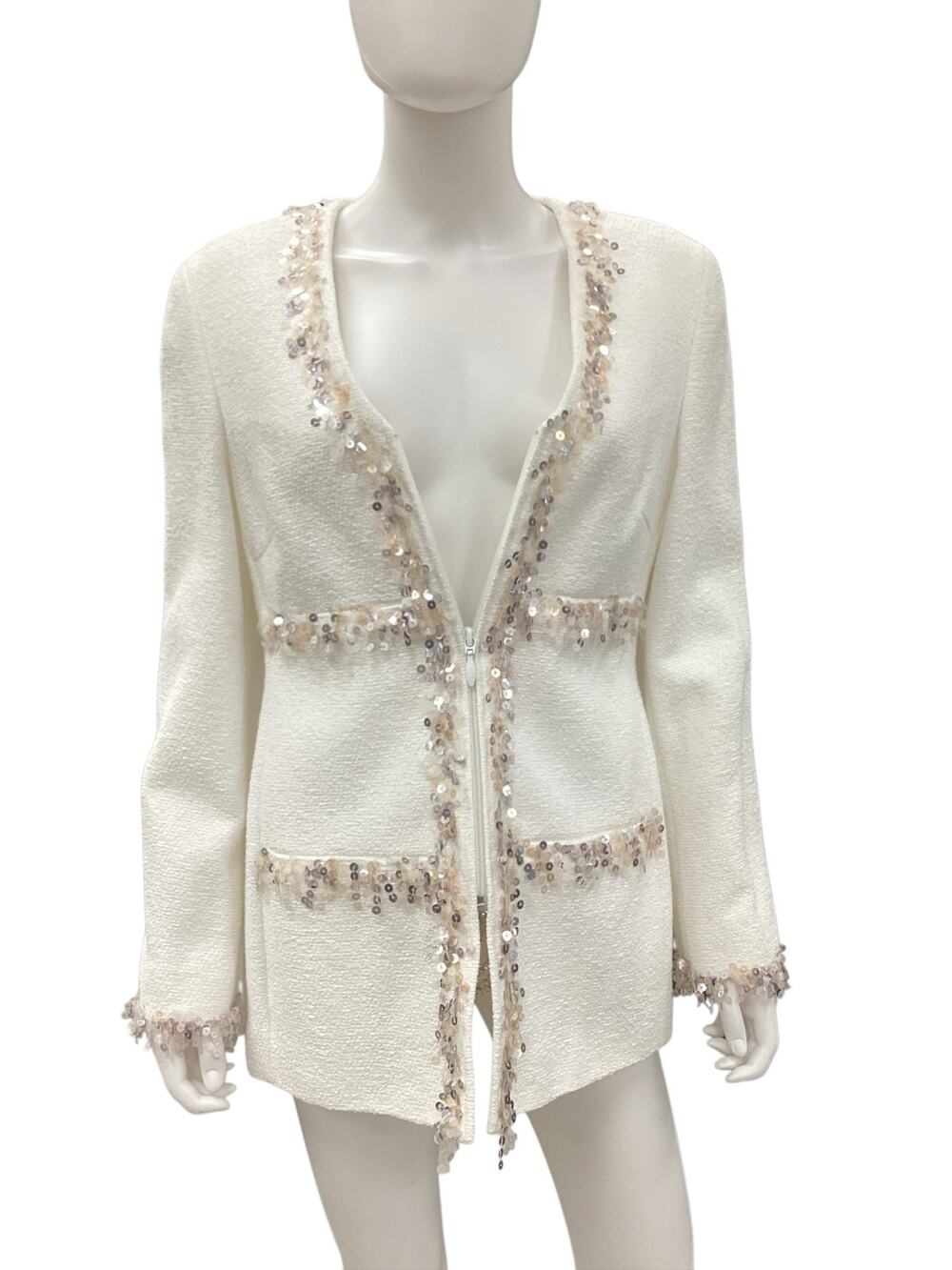 NWT Féraud Blazer Women’s Size 8 Zip Up Sequin Trim Pockets V-Neck Off White